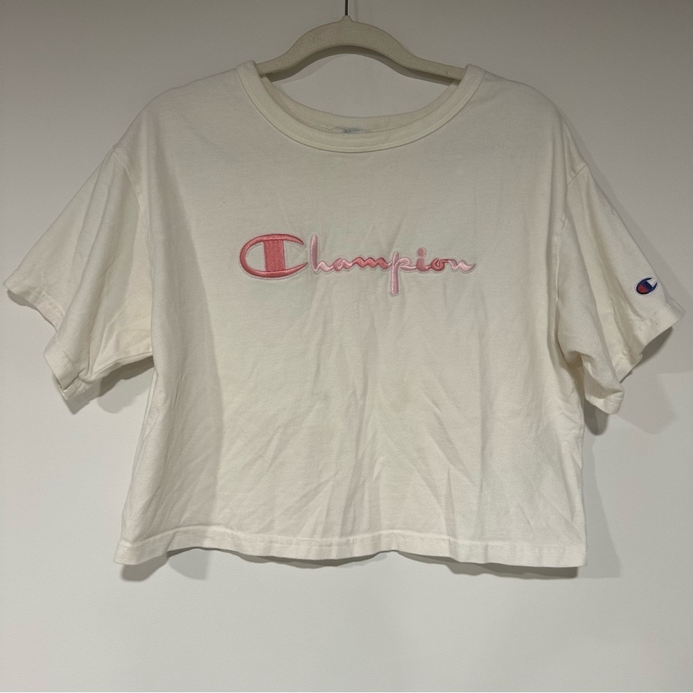Vintage cropped Champion tee shirt women’s ivory & pink embroidered medium
